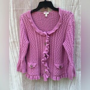 Vintage J Jill size MP pink ruffle cable knit crochet sweater regency Victorian